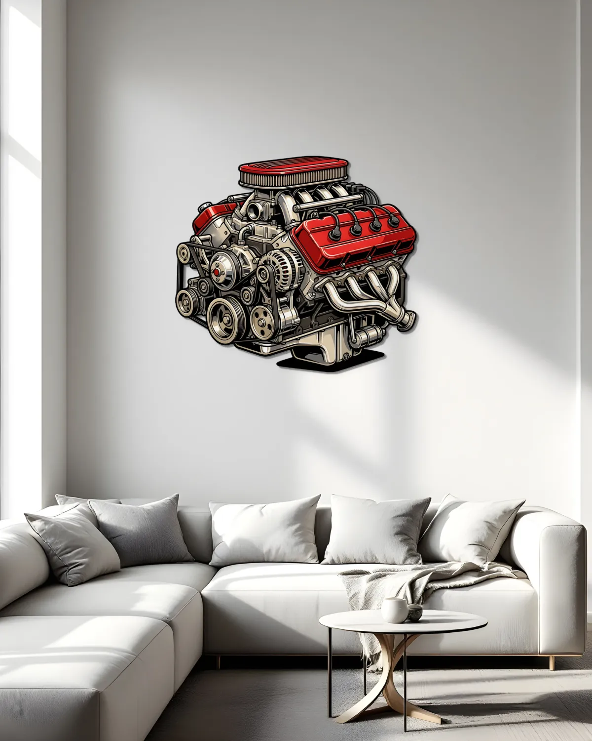Açık gri salon duvarında kanepenin üstünde kırmızı V8 motor desenli metal tablo