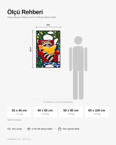 Kitap Okuyan Rakun Kırmızı Koltukta Metal Tablo – ölçü rehberi
