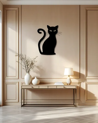 Kıvrık Kuyruklu Kedi Silüeti Metal Tablo – konsol üzerindeki duvarda