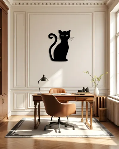 Kıvrık Kuyruklu Kedi Silüeti Metal Tablo – ofis duvarında