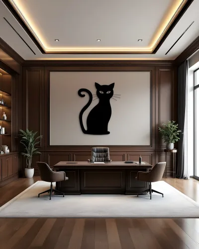 Kıvrık Kuyruklu Kedi Silüeti Metal Tablo – ofis duvarında