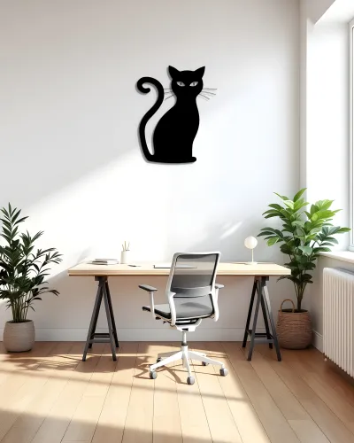 Kıvrık Kuyruklu Kedi Silüeti Metal Tablo – ofis duvarında