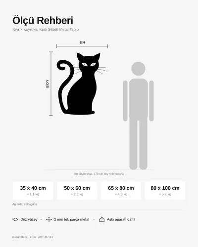 Kıvrık Kuyruklu Kedi Silüeti Metal Tablo – ölçü rehberi
