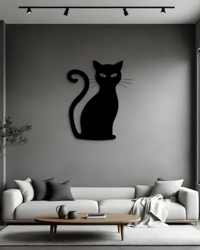 Kıvrık Kuyruklu Kedi Silüeti Metal Tablo – salon duvarında