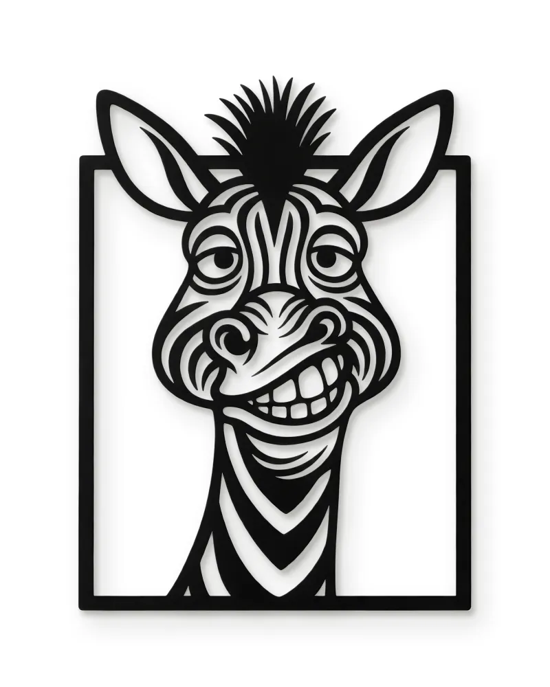 Komik Gülen Zebra Çerçeveli Metal Tablo – beyaz zemin