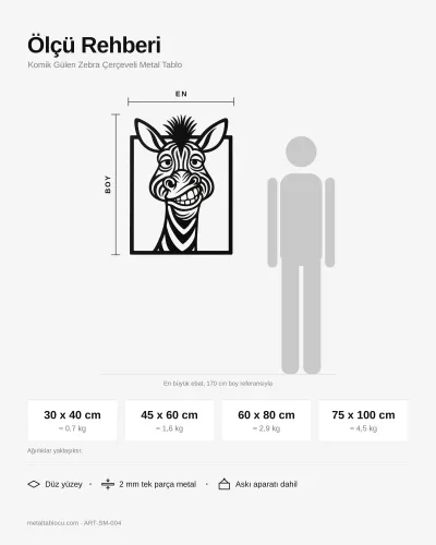 Komik Gülen Zebra Çerçeveli Metal Tablo – ölçü rehberi