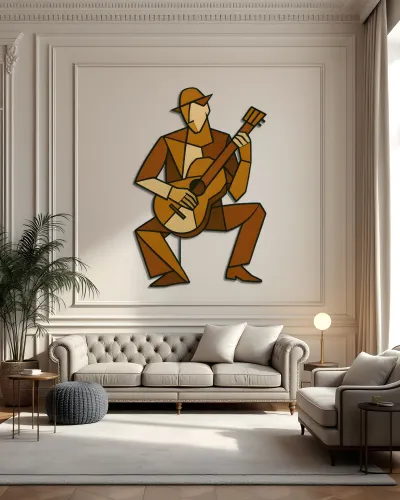 Kübist Şapkalı Gitarist Metal Tablo – salon duvarında