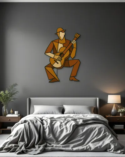 Kübist Şapkalı Gitarist Metal Tablo – yatak odası duvarında