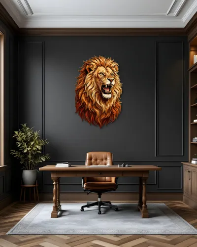 Kükreyen Aslan Başı Metal Tablo – ofis duvarında