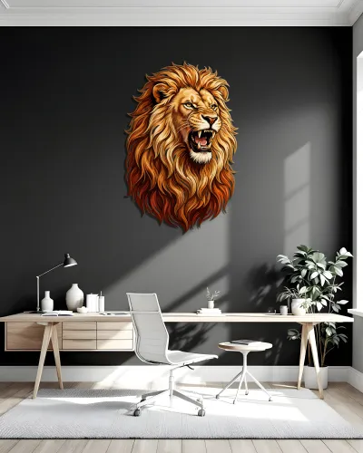 Kükreyen Aslan Başı Metal Tablo – ofis duvarında