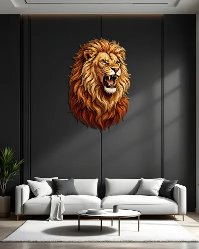 Kükreyen Aslan Başı Metal Tablo – salon duvarında