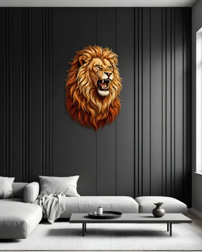 Kükreyen Aslan Başı Metal Tablo – salon duvarında