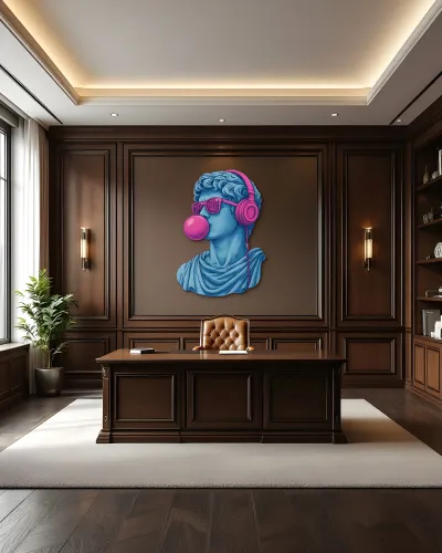 Kulaklıklı Pembe Balon Sakızlı Heykel Metal Tablo – ofis duvarında