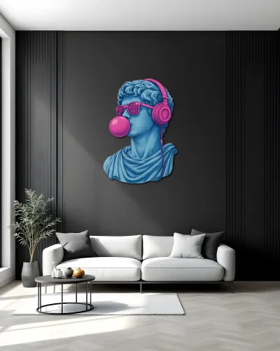 Kulaklıklı Pembe Balon Sakızlı Heykel Metal Tablo – salon duvarında