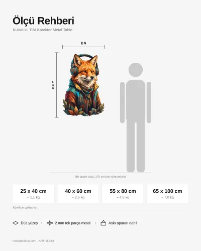 Kulaklıklı Tilki Karakter Metal Tablo – ölçü rehberi