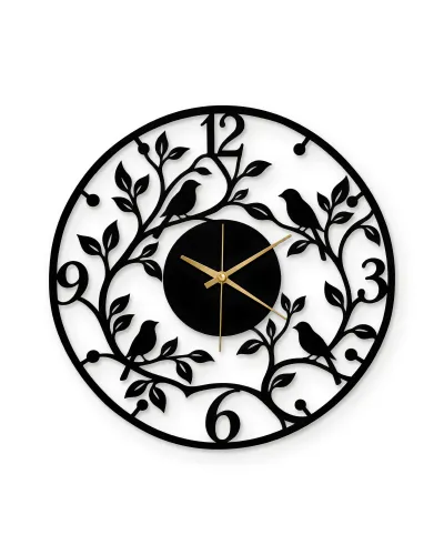 Kuşlu Dallar Desenli Metal Duvar Saati – beyaz zemin