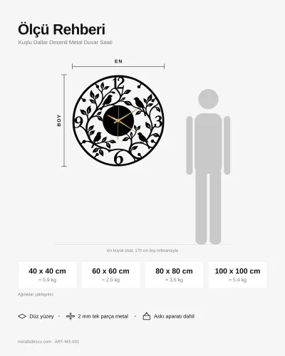 Kuşlu Dallar Desenli Metal Duvar Saati – ölçü rehberi