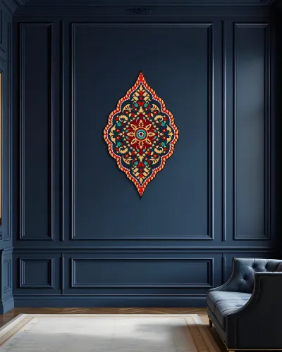 Lacivert Kırmızı Osmanlı Madalyon Metal Tablo – salon duvarında