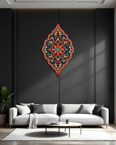 Lacivert Kırmızı Osmanlı Madalyon Metal Tablo – salon duvarında