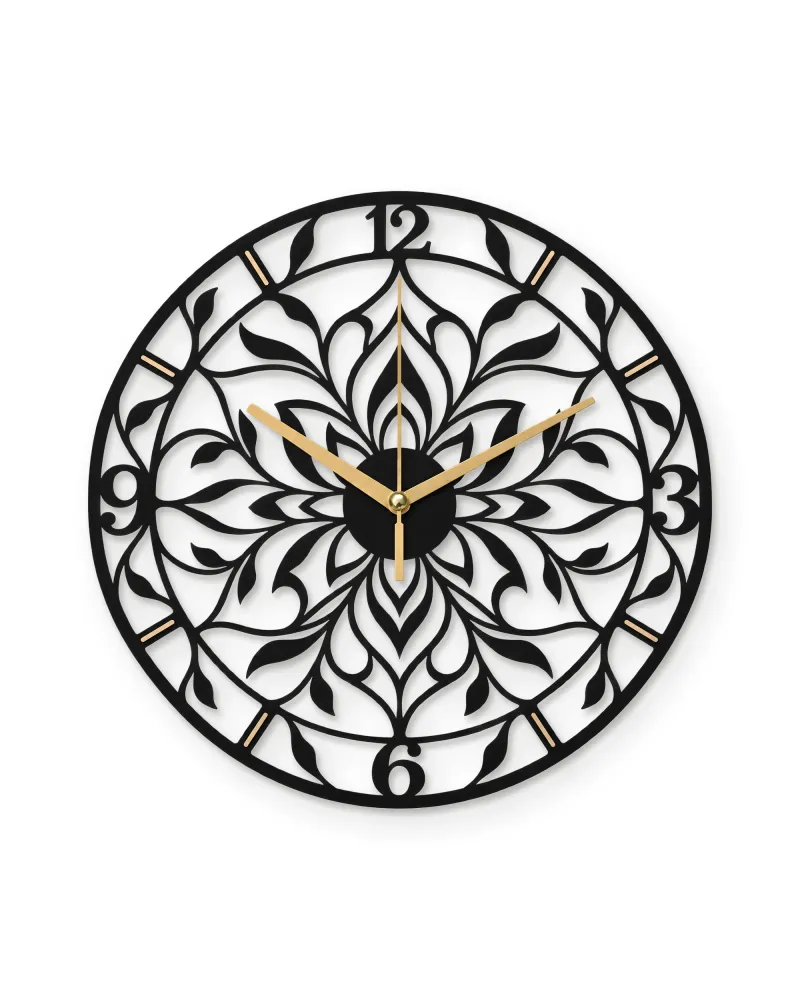 Mandala Çiçek Desenli Metal Duvar Saati – beyaz zemin