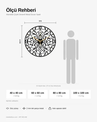 Mandala Çiçek Desenli Metal Duvar Saati – ölçü rehberi