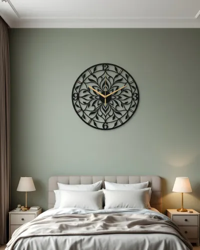 Mandala Çiçek Desenli Metal Duvar Saati – yatak odası duvarında