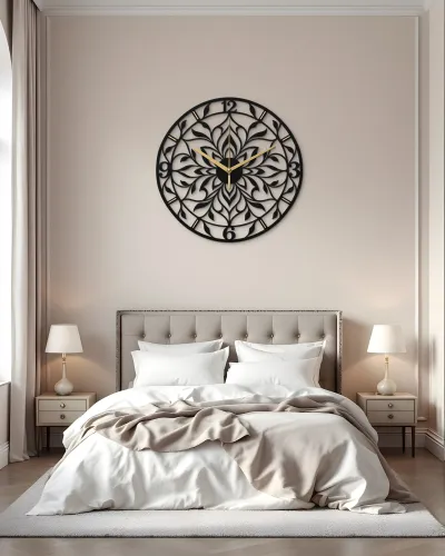 Mandala Çiçek Desenli Metal Duvar Saati – yatak odası duvarında