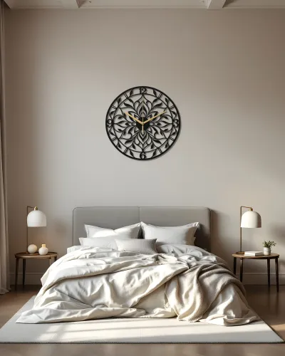 Mandala Çiçek Desenli Metal Duvar Saati – yatak odası duvarında