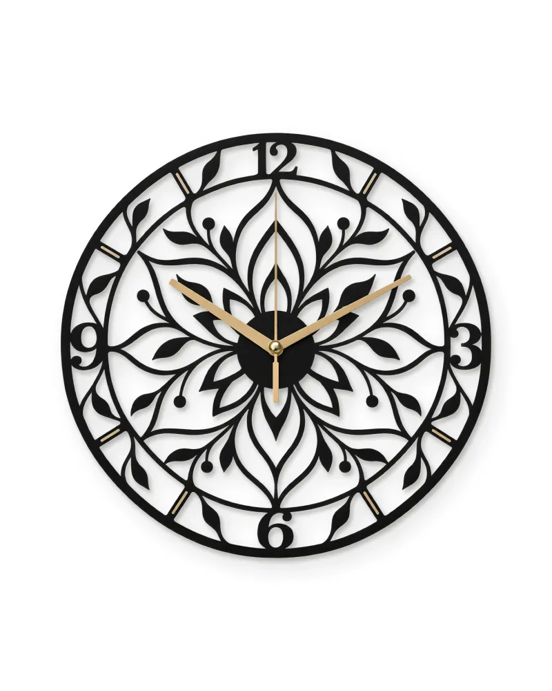 Mandala Çiçek Desenli Metal Duvar Saati – beyaz zemin