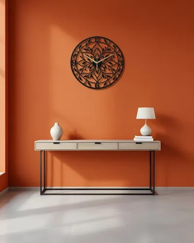 Mandala Çiçek Desenli Metal Duvar Saati – konsol üzerindeki duvarda