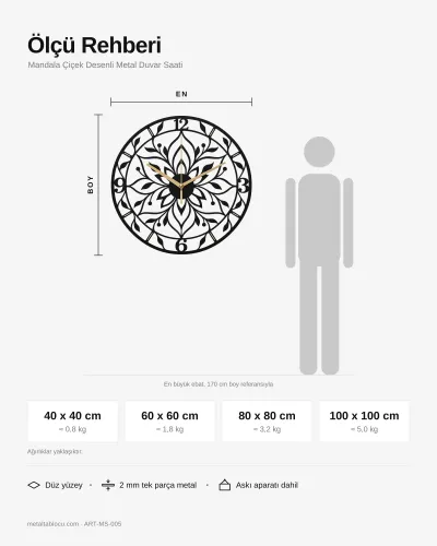 Mandala Çiçek Desenli Metal Duvar Saati – ölçü rehberi