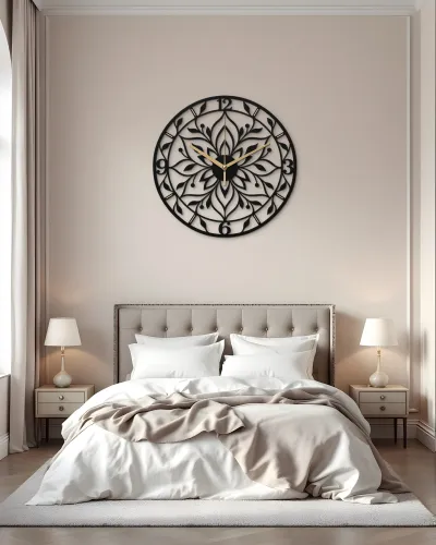 Mandala Çiçek Desenli Metal Duvar Saati – yatak odası duvarında