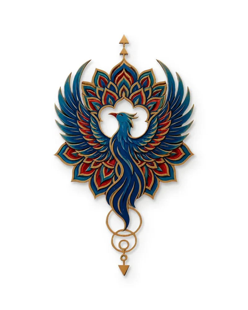 Mavi Kırmızı Anka Kuşu Mandala Metal Tablo – beyaz zemin