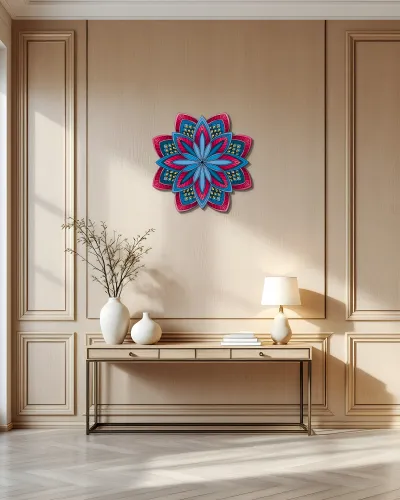 Mavi Pembe Mandala Çiçek Metal Tablo – konsol üzerindeki duvarda