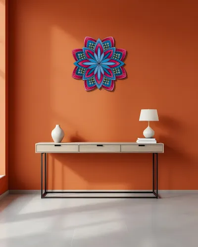 Mavi Pembe Mandala Çiçek Metal Tablo – konsol üzerindeki duvarda