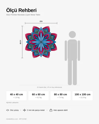 Mavi Pembe Mandala Çiçek Metal Tablo – ölçü rehberi