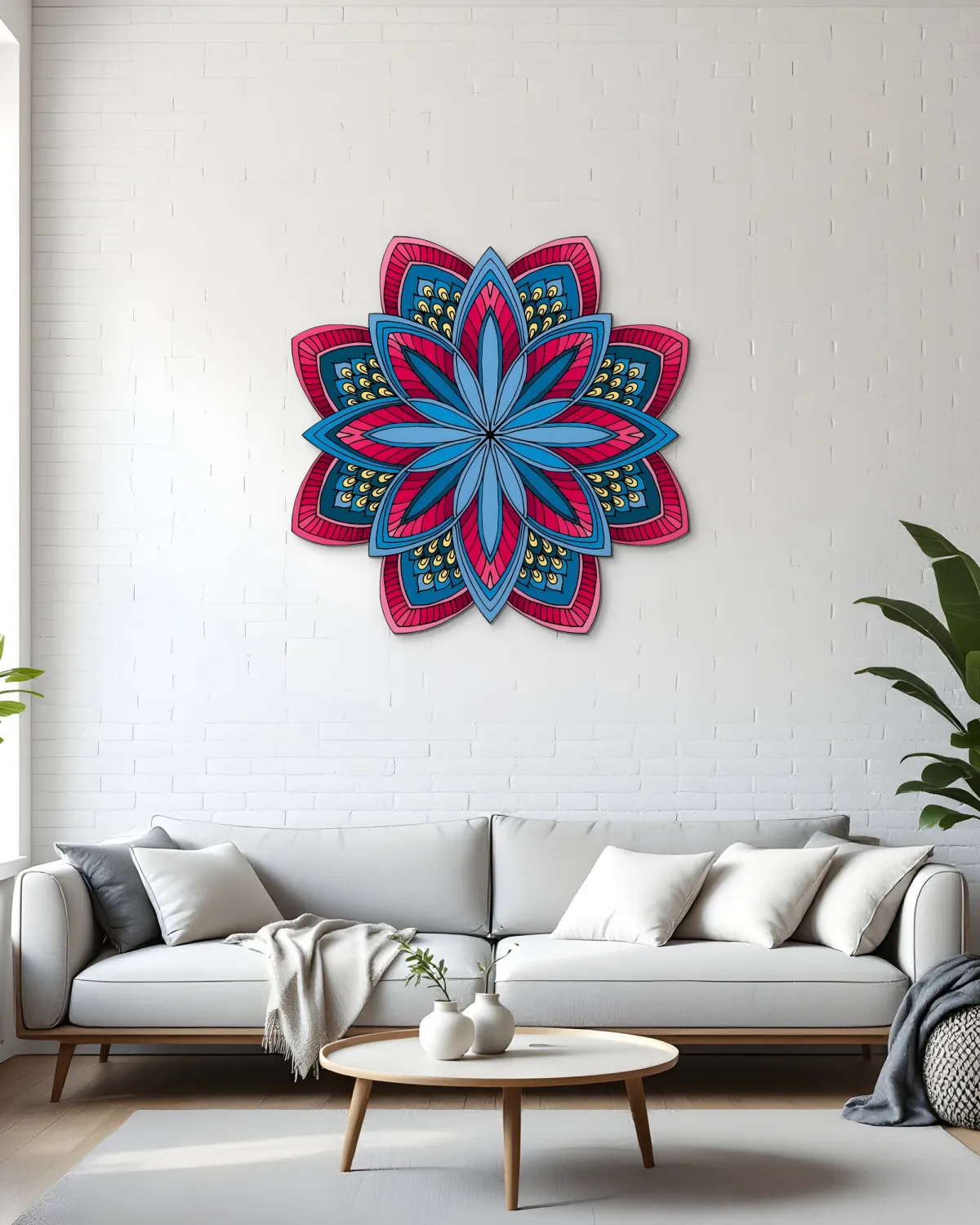 Beyaz tuğla duvarda kanepenin üstünde mavi ve pembe mandala çiçek desenli metal tablo