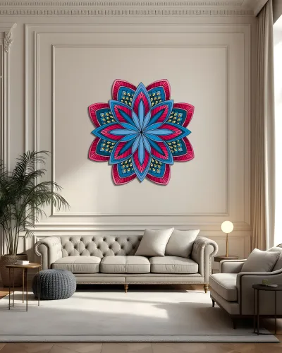Mavi Pembe Mandala Çiçek Metal Tablo – salon duvarında