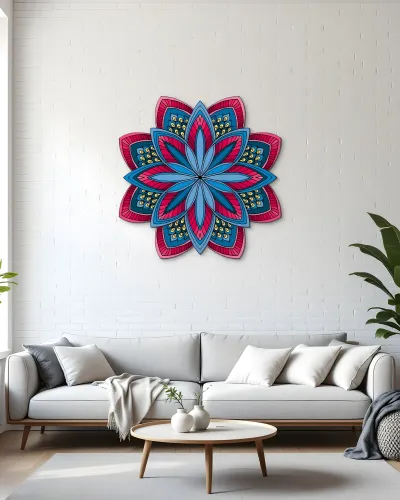 Mavi Pembe Mandala Çiçek Metal Tablo – salon duvarında