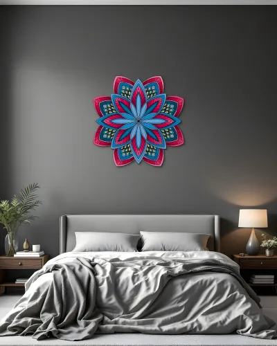 Mavi Pembe Mandala Çiçek Metal Tablo – yatak odası duvarında