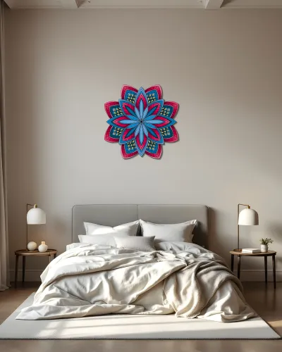 Mavi Pembe Mandala Çiçek Metal Tablo – yatak odası duvarında