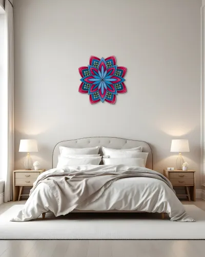 Mavi Pembe Mandala Çiçek Metal Tablo – yatak odası duvarında