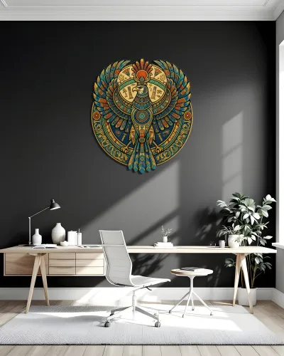 Mısır Horus Şahini Desenli Metal Tablo – ofis duvarında
