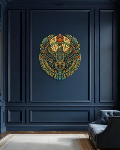 Mısır Horus Şahini Desenli Metal Tablo – salon duvarında