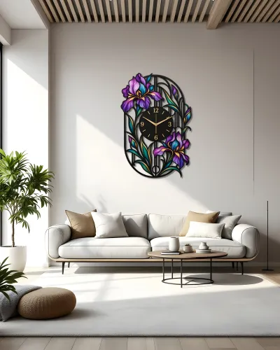 Mor İris Çiçek Desenli Metal Duvar Saati – salon duvarında