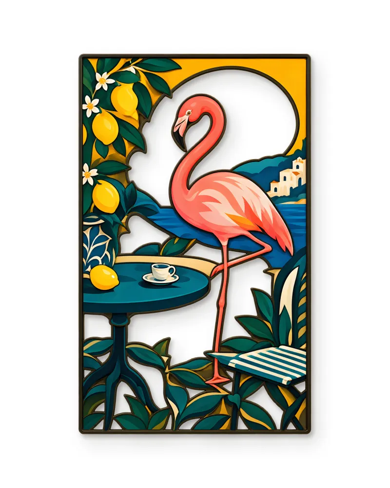 Pembe Flamingo ve Limon Bahçesi Metal Tablo – beyaz zemin