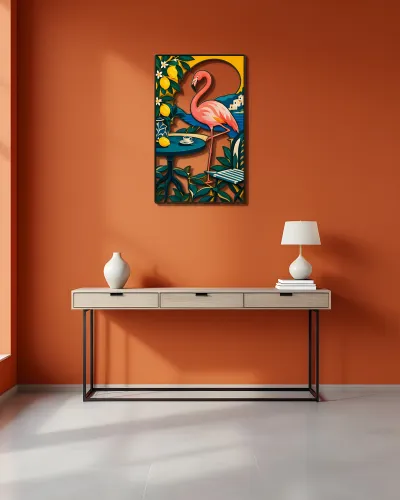Pembe Flamingo ve Limon Bahçesi Metal Tablo – konsol üzerindeki duvarda