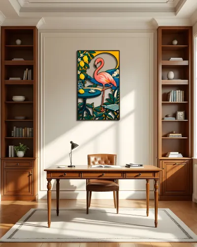 Pembe Flamingo ve Limon Bahçesi Metal Tablo – ofis duvarında