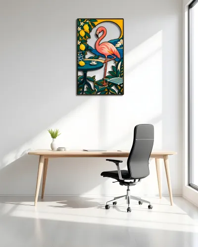 Pembe Flamingo ve Limon Bahçesi Metal Tablo – ofis duvarında