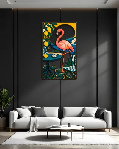 Pembe Flamingo ve Limon Bahçesi Metal Tablo – salon duvarında